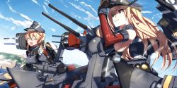 Rule 34 | 10s, 2girls, :d, bismarck (kancolle), blonde hair, breasts, cannon, cloud, cloudy sky, commentary request, day, elbow gloves, closed eyes, gloves, grin, hat, highres, kantai collection, long hair, machinery, multiple girls, open mouth, outdoors, peaked cap, prinz eugen (kancolle), sideboob, sky, smile, tsuuhan, turret