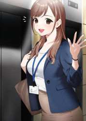 Rule 34 | bag, blue jacket, blush, breasts, brown bag, brown eyes, brown hair, brown skirt, carrying bag, doushimasho, earrings, highres, id card, jacket, jewelry, lanyard, long hair, mole, mole under eye, office lady, open clothes, open jacket, open mouth, original, shirt, skirt, white shirt