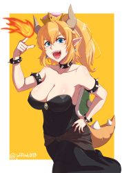 Rule 34 | 1girl, armlet, bare shoulders, black dress, blonde hair, blue eyes, bowsette, bracelet, breasts, cleavage, collar, collarbone, cream cod, crown, dress, earrings, fire, hand on own hip, highres, horns, index finger raised, jewelry, large breasts, looking at viewer, mario (series), new super mario bros. u deluxe, nintendo, open mouth, pointy ears, ponytail, sharp teeth, short hair, solo, spiked armlet, spiked bracelet, spiked collar, spikes, super crown, tail, teeth, twitter username, yellow background