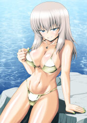 Rule 34 | 1girl, absurdres, adjusting clothes, adjusting swimsuit, bikini, breasts, cleavage, cross, cross necklace, girls und panzer, gold bikini, green nails, grin, highres, holding, holding clothes, holding swimsuit, itsumi erika, jewelry, kamishima kanon, large breasts, long hair, navel, necklace, rock, shiny skin, sitting, smile, solo, swimsuit, tan, tanline, water
