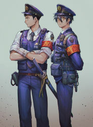 Rule 34 | 2boys, aiguillette, alternate costume, armband, arms behind back, belt, belt pouch, black hair, black necktie, blue jacket, blue pants, blue vest, cable, clothes writing, collared shirt, crossed arms, dagger, dokuga, dorohedoro, facial mark, feet out of frame, frown, gloves, gradient background, grey background, hair between eyes, hat, holster, holstered, jacket, katana, knife, long sleeves, looking at viewer, looking away, male focus, multiple boys, necktie, panco, pants, peaked cap, bulletproof vest, pocket, police, police hat, police uniform, pouch, profile, sheath, sheathed, shirt, short hair, shoulder holster, sleeves rolled up, standing, sword, symbol-shaped pupils, tetsujo, uniform, vest, weapon, white gloves, yellow eyes