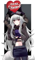 Rule 34 | 1girl, arknights, arms up, beanie, black gloves, black hat, black jacket, black pantyhose, blue sealad, blue skirt, closed mouth, commentary, cowboy shot, english text, fingerless gloves, frostleaf (arknights), frostleaf (breaking the ice) (arknights), gloves, grey hair, hat, heart, highres, holding, jacket, long hair, looking at viewer, midriff, navel, open clothes, open jacket, pantyhose, red eyes, skirt, smile, solo, standing, tail, very long hair