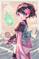 Rule 34 | 1girl, ass, black hair, breasts, fire, flower, flower on head, flower print, from side, highres, huge ass, large breasts, long hair, momohime, oboro muramasa, octopus, parororo, short, thick thighs, thighs, water, wet, wet clothes