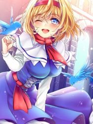 Rule 34 | 1girl, alice margatroid, bird, bird on hand, blonde hair, blue dress, blue eyes, blush, capelet, cropped, dress, hairband, highres, one eye closed, open mouth, red ribbon, ribbon, rimu (kingyo origin), skirt hold, smile, solo, touhou, wind