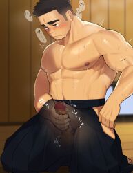 Rule 34 | 1boy, ^^^, abs, bara, black hair, blush, closed mouth, clothed masturbation, clothing cutout, collarbone, commentary request, dojo, frown, hakama, hakama pants, highres, japanese clothes, kneeling, large pectorals, male focus, male masturbation, male pubic hair, masturbation, muscular, muscular male, nipples, original, pants, pectorals, pubic hair, sarukichi 6401, short hair, solo, steaming body, strongman waist, sweat, thick eyebrows, thigh cutout, topless male, very sweaty, x-ray