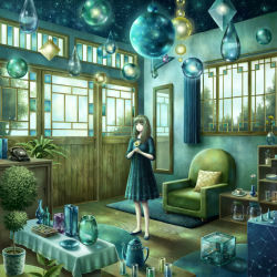 Rule 34 | 1girl, bad id, bad pixiv id, blue dress, blue footwear, blunt bangs, bookshelf, bottle, box, brown hair, chair, constellation, cup, daisy, dishes, dress, drinking glass, fish, fish tank, flower, galaxy, glass, hair flower, hair ornament, holding, holding flower, indoors, jar, kazami (kuroro), long hair, looking at viewer, mirror, no socks, original, phone, pillow, plant, potted plant, rug, saucer, scenery, shoes, slippers, solo, stained glass, star (sky), table, tablecloth, teacup, teapot, vase, window, wooden floor