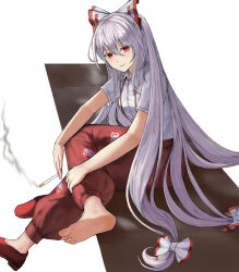 Rule 34 | 1girl, barefoot, bow, breasts, cigarette, collared shirt, commentary, feet, figure four sitting, from side, fujiwara no mokou, full body, hair between eyes, hair bow, highres, holding, holding cigarette, long hair, looking at viewer, multiple hair bows, ofuda, ofuda on clothes, pants, ponko77144921, red eyes, red footwear, red pants, shirt, shirt tucked in, short sleeves, simple background, sitting, small breasts, smile, smoke, solo, suspenders, touhou, unworn footwear, very long hair, white background, white hair, white shirt