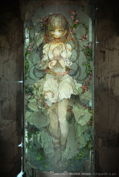 Rule 34 | 1girl, barefoot, brown hair, demizu posuka, dress, entangled, flower, frown, long hair, looking at viewer, lying, on back, original, own hands together, plant, solo, white dress