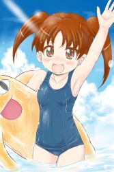 Rule 34 | 1girl, azumanga daiou, blue one-piece swimsuit, blue sky, brown eyes, brown hair, mihama chiyo&#039;s father, cloud, commentary request, cowboy shot, flat chest, highres, inflatable toy, kurumaya maa, long hair, looking at viewer, mihama chiyo, mihama chiyo&#039;s father, one-piece swimsuit, school swimsuit, sky, solo, swimsuit, twintails, water, waving