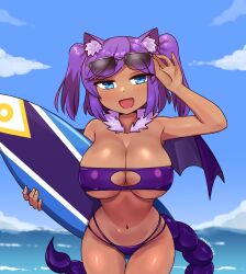 Rule 34 | 1girl, absurdres, adjusting eyewear, animal ear fluff, bare shoulders, bikini, blue eyes, breasts, cleavage, cowboy shot, curvy, eyewear on head, fur collar, highres, large breasts, leaning forward, looking at viewer, medium hair, multi-strapped bikini, ocean, open mouth, original, peps art, purple hair, scorpion tail, short twintails, sky, smile, solo, strapless, sunglasses, surfboard, swimsuit, tail, tan, thigh gap, tube top, twintails, twitter username, wide hips, wings