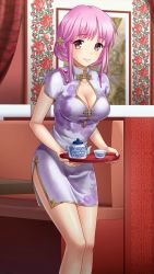 Rule 34 | 1girl, breasts, china dress, chinese clothes, cleavage, collarbone, doukyuusei, doukyuusei another world, dress, game cg, hair ornament, holding, holding plate, indoors, leaning forward, long hair, looking at viewer, medium breasts, official art, pink hair, plate, print dress, purple dress, red eyes, sakuragi mai, shiny skin, short dress, short sleeves, side slit, solo, standing