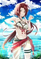 Rule 34 | 1girl, absurdres, bandage in mouth, bandaged arm, bandages, bare shoulders, bikini, blue sky, breasts, brown hair, cleavage, cloud, collarbone, dagger, feathermage, fingerless gloves, forehead, gloves, highres, holding, holding dagger, holding knife, holding weapon, knife, large breasts, long hair, low ponytail, navel, o-ring, o-ring bikini, o-ring top, ocean, parted bangs, princess connect!, ruka (princess connect!), ruka (summer) (princess connect!), sarong, see-through, see-through sarong, single glove, sky, solo, swimsuit, thigh strap, very long hair, weapon, white bikini, white sarong, yellow eyes
