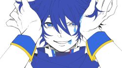Rule 34 | 1boy, blood, blood on face, blood on hands, blue blood, blue eyes, blue hair, bright pupils, grin, hands on own face, kaito (vocaloid), kaito (vocaloid3), long sleeves, male focus, pale skin, shirakami enma, short hair, smile, solo, teardrop facial mark, upper body, villain (vocaloid), vocaloid, white background, white pupils