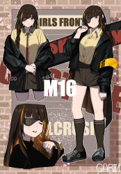 Rule 34 | 1girl, absurdres, ankle socks, artist name, black jacket, blonde hair, braid, brown hair, brown shorts, character name, collared shirt, eyepatch, garin, girls&#039; frontline, gloves, gun, highres, holding, jacket, long hair, m16a1 (girls&#039; frontline), mole, mole under eye, multicolored hair, off shoulder, pantyhose, scar, shirt, shoes, shorts, sneakers, socks, solo, streaked hair, striped clothes, striped shirt, weapon, yellow shirt