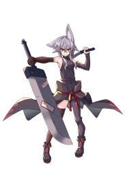 Rule 34 | 1girl, animal ear fluff, animal ears, asymmetrical legwear, bare arms, bare shoulders, black footwear, boots, breasts, brown thighhighs, closed mouth, grey hair, grey pantyhose, hair between eyes, highres, holding, holding sword, holding weapon, huge weapon, kuro-ekaki, long hair, looking at viewer, medium breasts, original, outstretched arm, pantyhose, red eyes, short eyebrows, simple background, single leg pantyhose, solo, sword, thick eyebrows, thighhighs, unaligned ears, weapon, weapon request, white background