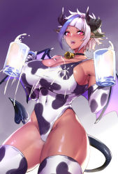 Rule 34 | 2021, animal ears, animal print, artist request, bare shoulders, bell, black choker, black horns, blush, breasts, choker, cleavage, collar, covered erect nipples, cow ears, cow girl, cow print, cowbell, cowboy shot, cup, curvy, dark-skinned female, dark skin, demon girl, demon tail, demon wings, diagonal bangs, drinking glass, elbow gloves, extra ears, eyelashes, fang, gloves, gradient background, highleg, highleg leotard, highres, holding, holding drinking glass, horns, lactation, lactation through clothes, large breasts, leotard, looking at viewer, milk, multicolored hair, navel, neck bell, open mouth, pink eyes, pointy ears, purple background, purple hair, shiny clothes, shiny skin, short hair, skin tight, solo, standing, steam, tail, taut leotard, teeth, thick thighs, thighhighs, thighs, tongue, two-tone hair, upper teeth only, w arms, white background, white hair, wide hips, wings