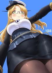 Rule 34 | 1girl, blonde hair, blush, breasts, commentary, dd (ijigendd), from below, glasses, green eyes, hat, kantai collection, large breasts, long hair, long sleeves, looking at viewer, northampton (kancolle), pantyhose, pencil skirt, simple background, skirt, smile, solo