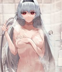 Rule 34 | 1girl, breasts, commission, girls&#039; frontline, hairband, highres, long hair, medium breasts, navel, nipples, nude, red eyes, saturndxy, scar, shower (place), shower head, showering, silver hair, skeb commission, solo, steam, thunder (girls&#039; frontline), very long hair