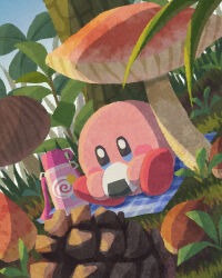 Rule 34 | acorn, blanket, blue eyes, blush stickers, candy, food, forest, grass, highres, invincible candy, kirby, kirby (series), leaf, miclot, mushroom, nature, nintendo, no humans, outdoors, picnic, pink footwear, shoes, sitting, thermos, tree
