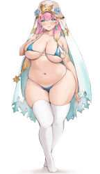Rule 34 | 1girl, absurdres, alternate costume, arm at side, belly, bikini, blue bikini, blue eyes, blush, breasts, cleavage, commentary request, contrapposto, curvy, dot nose, earrings, fire emblem, fire emblem heroes, flower, full body, gradient hair, gunnthra (fire emblem), hair between eyes, head tilt, highres, jewelry, large breasts, long hair, looking at viewer, multicolored hair, neneneji, nintendo, open mouth, pink hair, plump, rose, shadow, simple background, skindentation, smile, solo, standing, string bikini, swimsuit, thick thighs, thighs, white background, wide hips