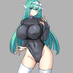Rule 34 | 1girl, breasts, covered erect nipples, gippo, green hair, grey background, large breasts, long hair, simple background, solo, thighhighs
