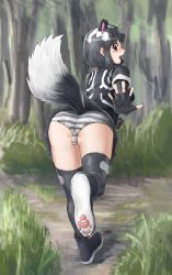 Rule 34 | 10s, 1girl, animal ears, arched back, ass, bad id, bad twitter id, black eyes, black footwear, black gloves, black hair, blush, cameltoe, day, elbow gloves, extra ears, fingerless gloves, from behind, full body, gloves, grass, grey panties, highres, hkanakakia, kemono friends, leaning forward, looking at viewer, looking back, miniskirt, multicolored clothes, multicolored hair, nose blush, open mouth, outdoors, outstretched arm, outstretched hand, panties, pantyshot, partially visible vulva, paw shoes, running, shirt, shoe soles, shoes, short hair, short sleeves, skirt, skunk ears, skunk girl, skunk tail, solo, spotted skunk (kemono friends), striped clothes, striped panties, tail, tearing up, thighhighs, tree, underwear, upskirt, white hair