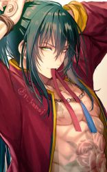 Rule 34 | 1boy, abs, arms behind head, black hair, chain, chain necklace, closed mouth, commentary request, fate/grand order, fate (series), flower tattoo, full-body tattoo, green eyes, hair between eyes, jacket, jewelry, kamui natsuki, light smile, long hair, long sleeves, looking at viewer, male focus, mouth hold, necklace, official alternate costume, pearl necklace, ponytail, red jacket, red ribbon, ribbon, ribbon in mouth, smile, solo, tattoo, toned, toned male, tying hair, upper body, very long hair, yan qing (fate), yan qing (training wear) (fate), yin yang, yin yang tattoo