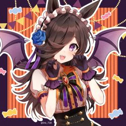 Rule 34 | 1girl, animal ears, bat wings, blue flower, blue rose, breasts, brooch, brown hair, center frills, fangs, film strip, flower, frills, gloves, hair over one eye, halloween costume, horse ears, horse girl, iro 178, jewelry, long hair, looking at viewer, official alternate costume, open mouth, puffy short sleeves, puffy sleeves, purple eyes, rice shower (make up vampire!) (umamusume), rice shower (umamusume), rose, short sleeves, small breasts, solo, teeth, umamusume, upper teeth only, wings