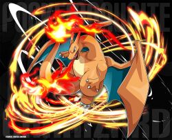Rule 34 | 1other, ambiguous gender, black background, blue eyes, breath weapon, breathing fire, character name, charizard, claws, copyright name, creatures (company), fangs, fire, flame-tipped tail, game freak, gen 1 pokemon, horns, kumano sakunosuke, nintendo, no humans, open mouth, pokemon, pokemon (creature), signature, wings