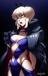 Rule 34 | 1girl, arm behind back, armor, artist name, artoria pendragon (all), artoria pendragon (alter swimsuit rider) (fate), artoria pendragon (alter swimsuit rider) (third ascension) (fate), artoria pendragon (fate), black gloves, blonde hair, braid, breasts, cape, cleavage, commentary, crown, dress, english commentary, fate/grand order, fate (series), french braid, gloves, gradient background, hair between eyes, highres, looking at viewer, medium breasts, navel, open mouth, saber (fate), saber alter, solo, tongue, yellow eyes, zealyush