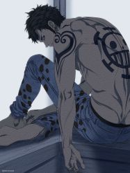 Rule 34 | 1boy, arm tattoo, back, back tattoo, black eyes, black hair, denim, from behind, highres, jeans, long sideburns, looking at viewer, male focus, one piece, panther print, pants, pectorals, pinattsu, topless male, short hair, shoulder tattoo, sideburns, sitting, solo, tattoo, toned, toned male, trafalgar law