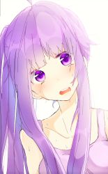 Rule 34 | 1girl, ahoge, alternate hairstyle, bad id, bad pixiv id, bare shoulders, blunt bangs, blush, breasts, collarbone, looking at viewer, momotarou (4188momoko), open mouth, patchouli knowledge, ponytail, purple eyes, purple hair, purple shirt, shirt, sidelocks, simple background, sleeveless, sleeveless shirt, small breasts, solo, sweat, teeth, touhou, upper body, white background