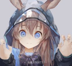 Rule 34 | 1girl, amiya (arknights), animal ears, arknights, ascot, blue eyes, brown hair, claw pose, closed mouth, commentary, copyright name, english text, eyelashes, grey background, hair between eyes, highres, hood, hooded jacket, jacket, jewelry, korean commentary, long hair, long sleeves, looking at viewer, mile (mil2), multiple rings, portrait, purple ascot, rabbit ears, ring, see-through, simple background, smile, solo