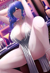 Rule 34 | 1girl, absurdres, alcohol, armpits, arms behind head, arms up, azur lane, backless dress, backless outfit, bar (place), bare shoulders, blue hair, bottle, bracelet, breasts, cleavage, closed mouth, counter, cup, dress, drinking glass, earrings, evening gown, grey dress, hair between eyes, hair ornament, hairclip, halter dress, halterneck, high heels, highres, jewelry, large breasts, looking at viewer, lordcoser, necklace, no panties, pelvic curtain, pink eyes, plunging neckline, revealing clothes, side ponytail, sidelocks, silver dress, silver footwear, sitting, smile, solo, spread legs, st. louis (azur lane), st. louis (luxurious wheels) (azur lane), thighs