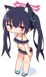 Rule 34 | 1girl, absurdres, animal ear fluff, animal ears, bare shoulders, bikini, black footwear, black hair, blue archive, blue ribbon, blush, breasts, chibi, cleavage, closed mouth, collarbone, commentary request, frilled bikini, frills, full body, hair between eyes, hair ribbon, halo, hana kazari, highres, long hair, looking at viewer, navel, off-shoulder bikini, off shoulder, red eyes, ribbon, sandals, serika (blue archive), serika (swimsuit) (blue archive), shadow, simple background, small breasts, solo, standing, swimsuit, twintails, v-shaped eyebrows, very long hair, white background