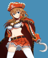 Rule 34 | 1girl, belt, bikini, bikini top only, blue eyes, breasts, brown hair, cape, charlotte e. yeager, frilled skirt, frills, gloves, hand on own hip, hat, hook hand, jewelry, jolly roger, large breasts, long hair, nanashino, navel, necklace, pirate, pirate hat, pleated skirt, skirt, skull and crossed swords, smile, solo, strike witches, swimsuit, thighhighs, white gloves, white thighhighs, world witches series