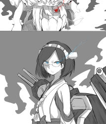 Rule 34 | 10s, 2girls, absurdres, abyssal ship, blue eyes, detached sleeves, glasses, glowing, hair over one eye, hairband, highres, japanese clothes, kantai collection, kirishima (kancolle), machinery, monster, multiple girls, nontraditional miko, personification, red eyes, tsukamoto minori, turret, wo-class aircraft carrier