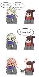 Rule 34 | &gt; &lt;, 2girls, 3koma, :3, :d, black eyes, blonde hair, blue scarf, blush, brown hair, closed mouth, comic, crossed arms, diana cavendish, embarrassed, english text, closed eyes, full-face blush, gloves, grey jacket, heart, incoming hug, jacket, kagari atsuko, little witch academia, long hair, long sleeves, mabel, multiple girls, open mouth, ponytail, red scarf, rey 2911, scarf, simple background, smile, speech bubble, upper body, v-shaped eyebrows, white background, white gloves, yuri