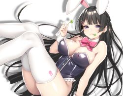 Rule 34 | 1girl, animal ears, animal print, bad id, bad pixiv id, bare shoulders, black hair, blue eyes, blunt bangs, blush, bow, bowtie, braid, breasts, buttons, cleavage, clover, detached collar, fake animal ears, four-leaf clover, french braid, frilled leotard, frills, hair ornament, hairclip, hattori masaki, holding, large breasts, leotard, lips, long hair, looking at viewer, mouth hold, nijisanji, playboy bunny, rabbit ears, rabbit print, silhouette, simple background, solo, strapless, strapless leotard, thighhighs, tsukino mito, tsukino mito (1st costume), virtual youtuber, white background, white thighhighs, wrist cuffs