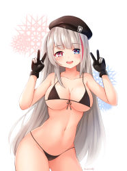 Rule 34 | 1girl, artist name, bad id, bad pixiv id, beret, bikini, black bikini, black gloves, black hat, bloody0rabby, blue eyes, blush, breasts, collarbone, contrapposto, cowboy shot, double v, front-tie bikini top, front-tie top, girls&#039; frontline, gloves, grey hair, hat, heart, heart-shaped pupils, heterochromia, highres, large breasts, long hair, looking at viewer, mdr (girls&#039; frontline), micro bikini, multicolored hair, navel, open mouth, pink eyes, pink hair, side ponytail, smile, solo, standing, streaked hair, swimsuit, symbol-shaped pupils, v, very long hair