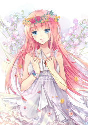 Rule 34 | 1girl, absurdres, bad id, bad pixiv id, blue eyes, crying, crying with eyes open, dress, ekita kuro, flower, gradient background, head wreath, highres, just be friends (vocaloid), long hair, megurine luka, paper airplane, parted lips, pink hair, solo, string, string of fate, tears, vocaloid, white dress