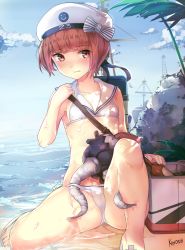 Rule 34 | 10s, 1girl, artist name, backpack, bag, bikini, blue sky, blunt bangs, blush, bottle, bow, box, character name, clothes writing, cloud, collarbone, day, enemy naval mine (kancolle), expressive clothes, eyebrows, flat chest, frown, hat, hat bow, hat ornament, highres, horizon, kantai collection, kimoshi, knee up, looking at viewer, no socks, outdoors, over shoulder, red eyes, red hair, sailor bikini, sailor collar, sandals, short hair, sitting, sky, smiley face, striped, striped bow, swimsuit, tower, white bikini, white hat, z3 max schultz (kancolle)