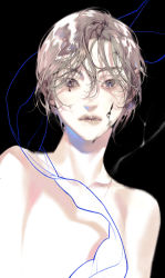 Rule 34 | 1508 1508, 1girl, absurdres, androgynous, black background, blue eyes, brown hair, clock hands, closed mouth, collarbone, commentary, english commentary, eyelashes, facial mark, flat chest, hair over eyes, highres, light brown hair, lips, liquid, looking at viewer, messy hair, mole, mole on nose, nude, original, short hair, simple background, smoke, solo, upper body, wet, wet hair