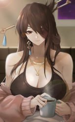 Rule 34 | 1girl, bead necklace, beads, beidou (genshin impact), breasts, brown hair, cleavage, closed mouth, coffee cup, commentary, cup, disposable cup, earrings, english commentary, eyepatch, genshin impact, gold, hair between eyes, hair ornament, hair stick, half updo, highres, holding, holding cup, indoors, jewelry, large breasts, lens flare, lips, long hair, looking at viewer, necklace, off shoulder, pov, red eyes, single earring, solo, steam, sweater, tassel, tommy (kingdukeee), very long hair