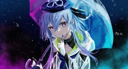 Rule 34 | 1boy, 8 dlz, arknights, artist name, blue hair, crossed bangs, finger to mouth, gloves, hair between eyes, hand up, hat, highres, infection monitor (arknights), jacket, long hair, looking at viewer, male focus, mizuki (arknights), pink eyes, solo, umbrella, water, white gloves