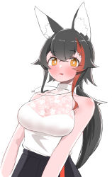Rule 34 | 1girl, absurdres, animal ear fluff, animal ears, black hair, black skirt, breasts, bright pupils, brown eyes, collarbone, halterneck, highres, hololive, kani bonara, medium breasts, multicolored hair, official alternate costume, ookami mio, ookami mio (street), open mouth, red hair, skirt, solo, streaked hair, sweater, sweater tucked in, virtual youtuber, white background, white pupils, white sweater, wolf ears, wolf girl