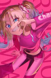 Rule 34 | 1girl, absurdres, blue eyes, breasts, character name, commentary request, finger in own mouth, highres, link! like! love live!, long hair, long sleeves, looking at viewer, love live!, medium breasts, osawa rurino, pants, pink background, pink pants, pink shirt, shirt, sidelocks, smile, solo, sunkeun, twintails, upper body