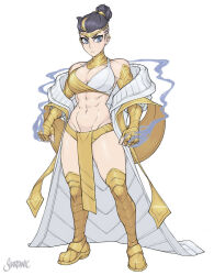 Rule 34 | abs, alex moon (shardanic), bandaged arm, bandages, black hair, blonde hair, boxer-chan, breasts, circlet, cleavage, clenched hands, dungeons &amp; dragons, earrings, fantasy, gold, grey eyes, jewelry, large breasts, loincloth, midriff, monk, multicolored hair, muscular, muscular female, robe, shardanic, signature, white background, wizard
