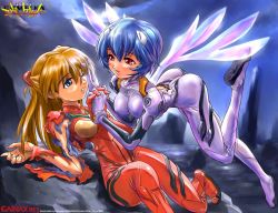 Rule 34 | 2girls, angel wings, artist request, ass, ayanami rei, blue eyes, blue hair, bodysuit, breasts, brown hair, copyright name, floating, gainax, hair ornament, long hair, looking at another, lying, medium breasts, multiple girls, neon genesis evangelion, official art, plugsuit, red eyes, shiny clothes, short hair, sky, souryuu asuka langley, torn clothes, two side up, upper body, wide hips, wings