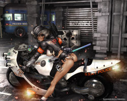 Rule 34 | 1girl, ass, baton, beret, breasts, brown eyes, brown hair, copyright request, covered erect nipples, cuffs, earrings, gun, hat, jewelry, looking at viewer, looking back, motor vehicle, motorcycle, police, police uniform, policewoman, rifle, shirou masamune, short hair, skinny, uniform, vehicle, wallpaper, weapon